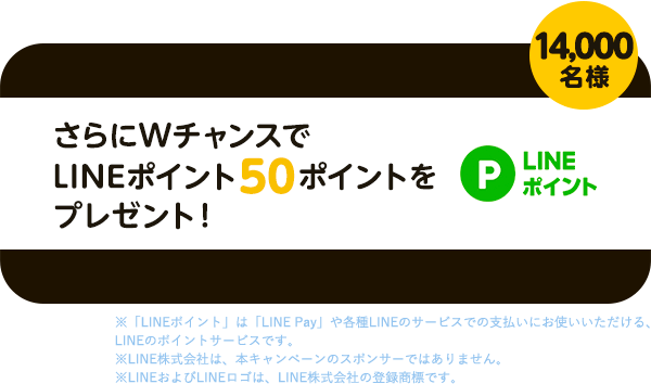 さらにWチャンスでLINEポイント50ポイントを14,000名様にプレゼント！※「LINEポイント」は「LINE Pay」や各種LINEのサービスでの支払いにお使いいただける、LINEのポイントサービスです。※LINE株式会社は、本キャンペーンのスポンサーではありません。※LINEおよびLINEロゴは、LINE株式会社の登録商標です。