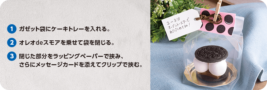 1.ガゼット袋にケーキトレーを入れる。2.オレオdeスモアを乗せて袋を閉じる。3.閉じた部分をラッピングペーパーで挟み、さらにメッセージカードを添えてクリップで挟む。